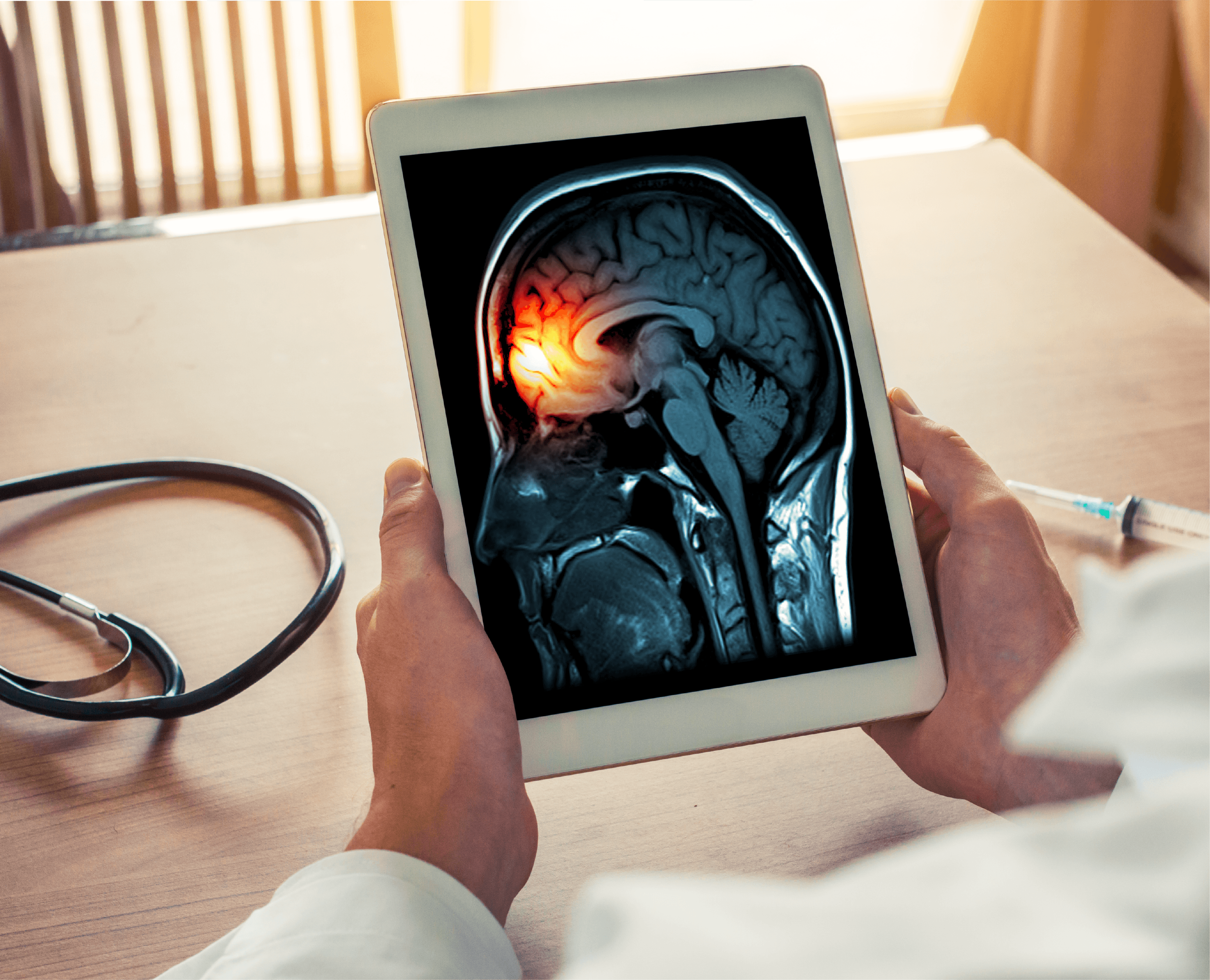 A stethoscope and a yellow sticky note with a checklist and text 'Meningitis Vaccine: Do you need it?' on a wooden table